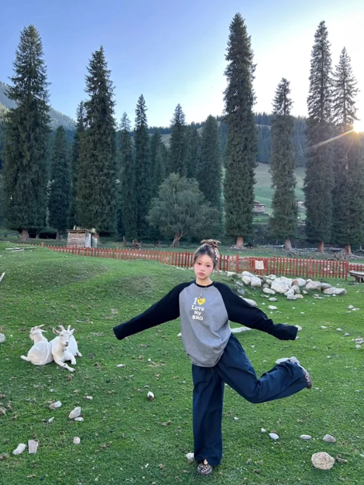 Retro American Heart Salsiccia Cane Lungo Sve T-irt Donna Autunno 2025 Nuovo Coreano Sle Chic Colore Blo oulder irt