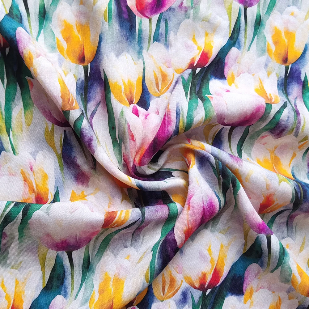 Tullip Floral Viscose Fabric 55'' Wide By Meter Digital Print Rayon Material For Dress Robe