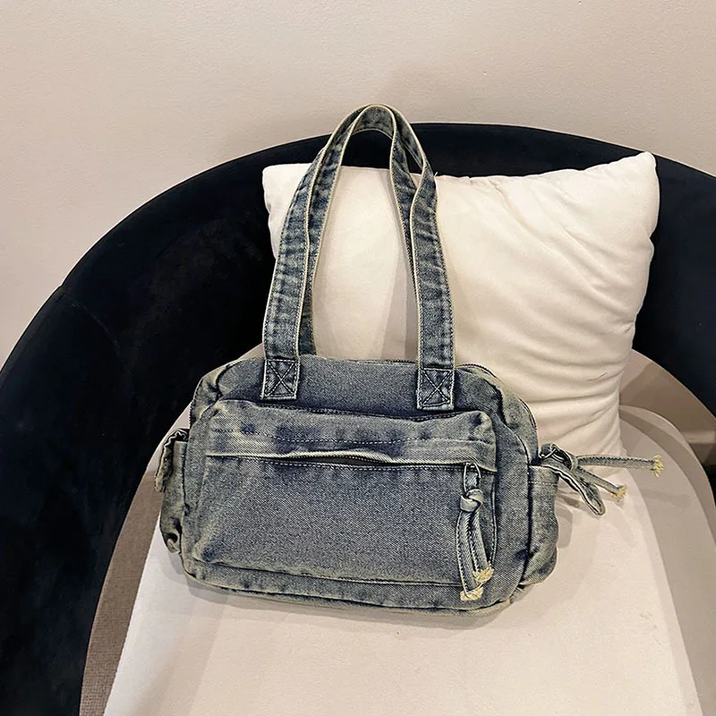 

Весенняя новинка: вместительная сумка-тоут из выстиранного денима в стиле кэжуал для студентов, простая и минималистичная, для повседневных поездок