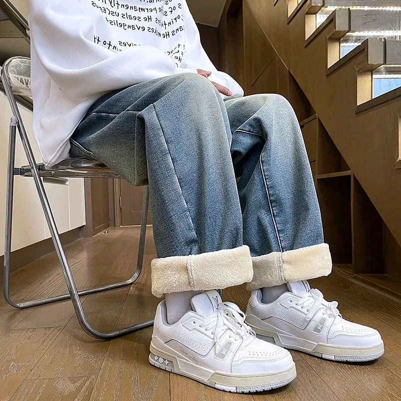 

Зимние бархатные потертые джинсы, мужские американские уличные джинсовые брюки на толстой флисовой подкладке, мужские повседневные однотонные свободные уличные брюки