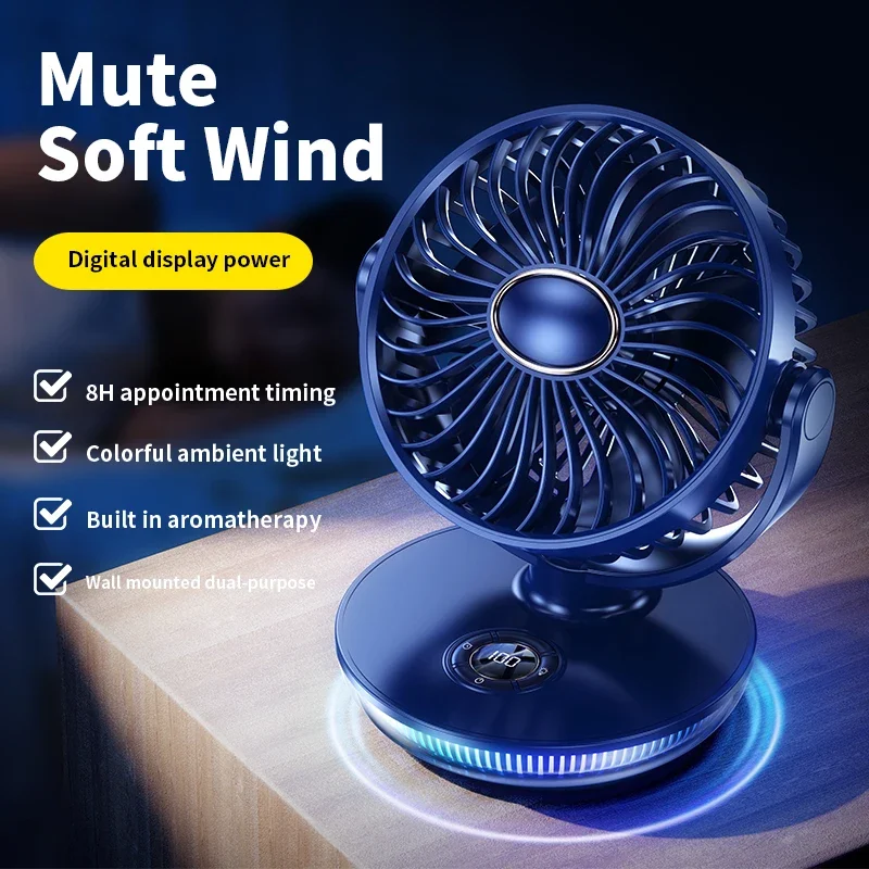 New Protable Mini Fan Rechargeable LED Digital Screen Fan Wall Mounted Fan with 8H Timing 180° Adjustable 7 Colorful Light Fan