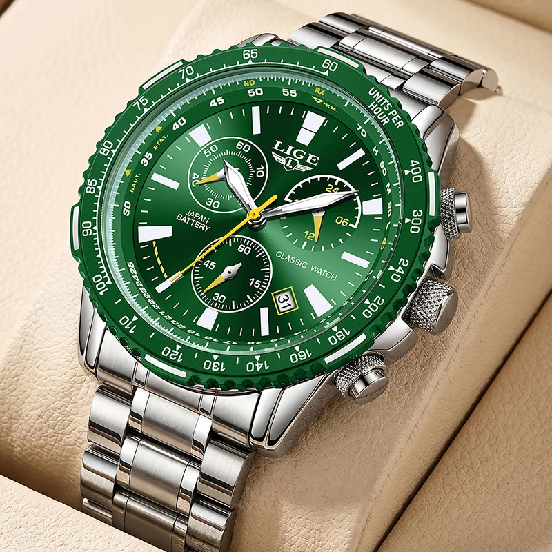 LIGE New Green Big Dial Watch Men Top Brand Luxury Fashion Mens Watches Military Waterproof Chronograph Quartz Wristwatch Clock - view 6
