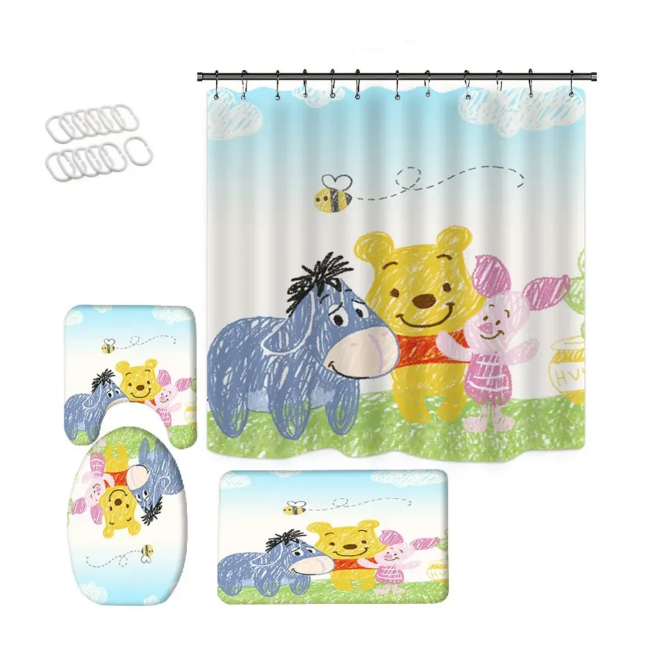 Disney Cartoon Shower Curtain Set Waterproof Bathroom Curtains Anti-slip Soft Bath Mat Toilet Rugs WC Carpet