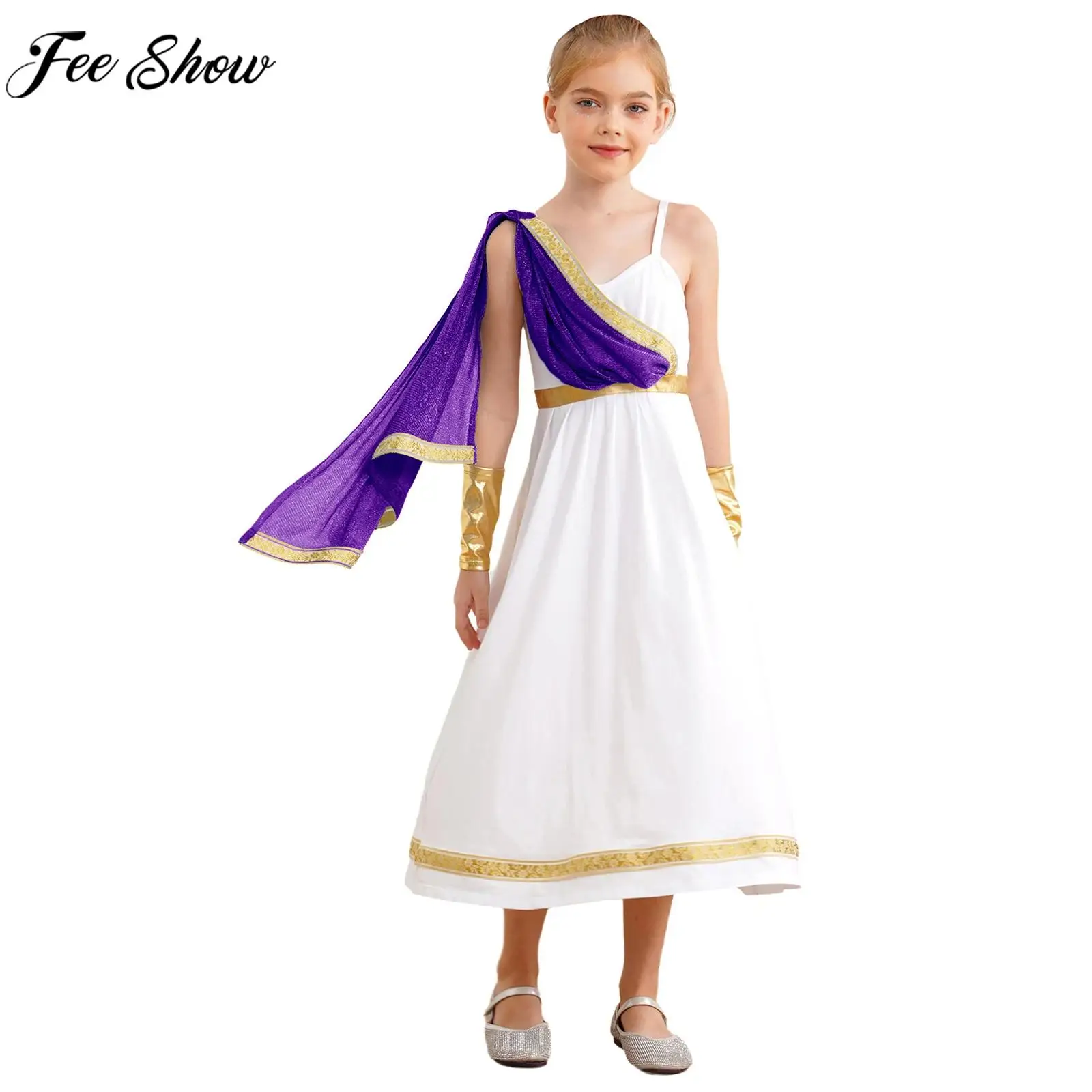 Kids Girls Halloween Ancient Greek Goddesses Princess Cosplay Performance Costume Roman Toga with Cuffs Church Choir Robe Dress