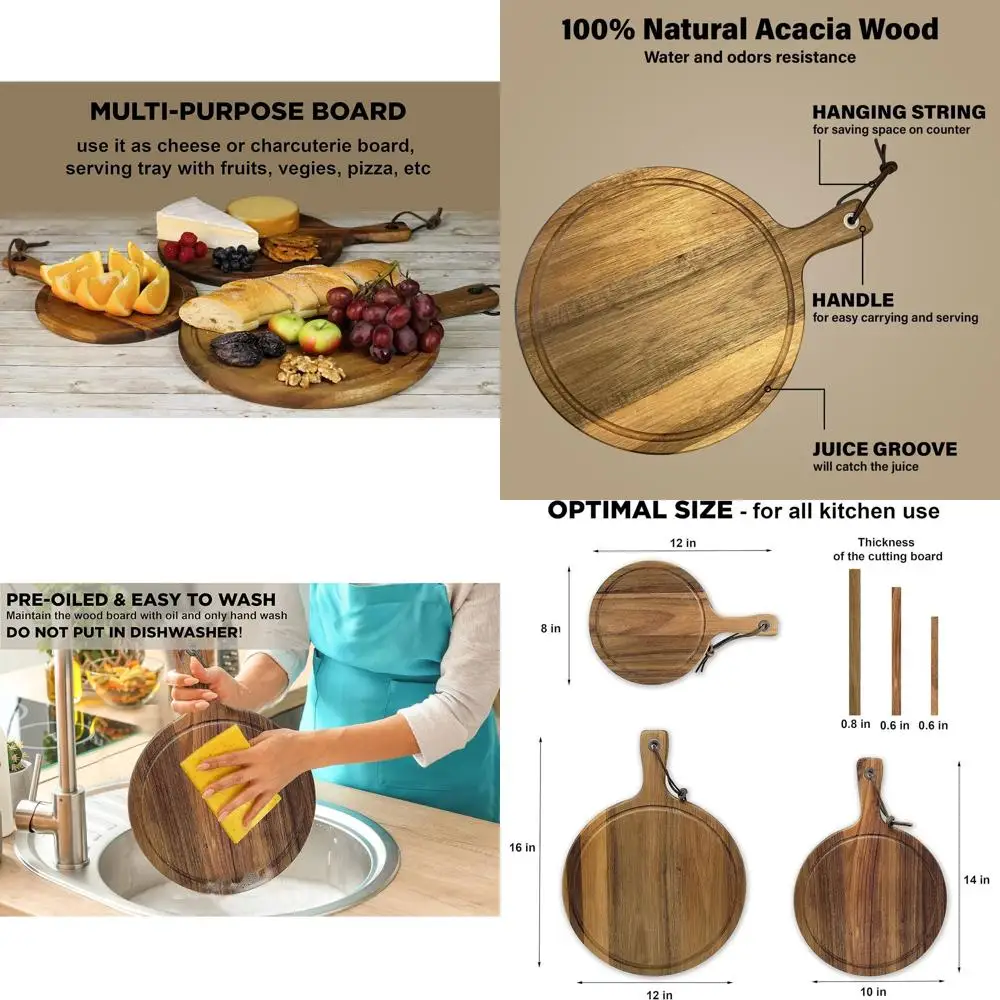 

Set of 3 Acacia Wood Cutting Boards with Handle for Kitchen Use - Cheese & Charcuterie Boards