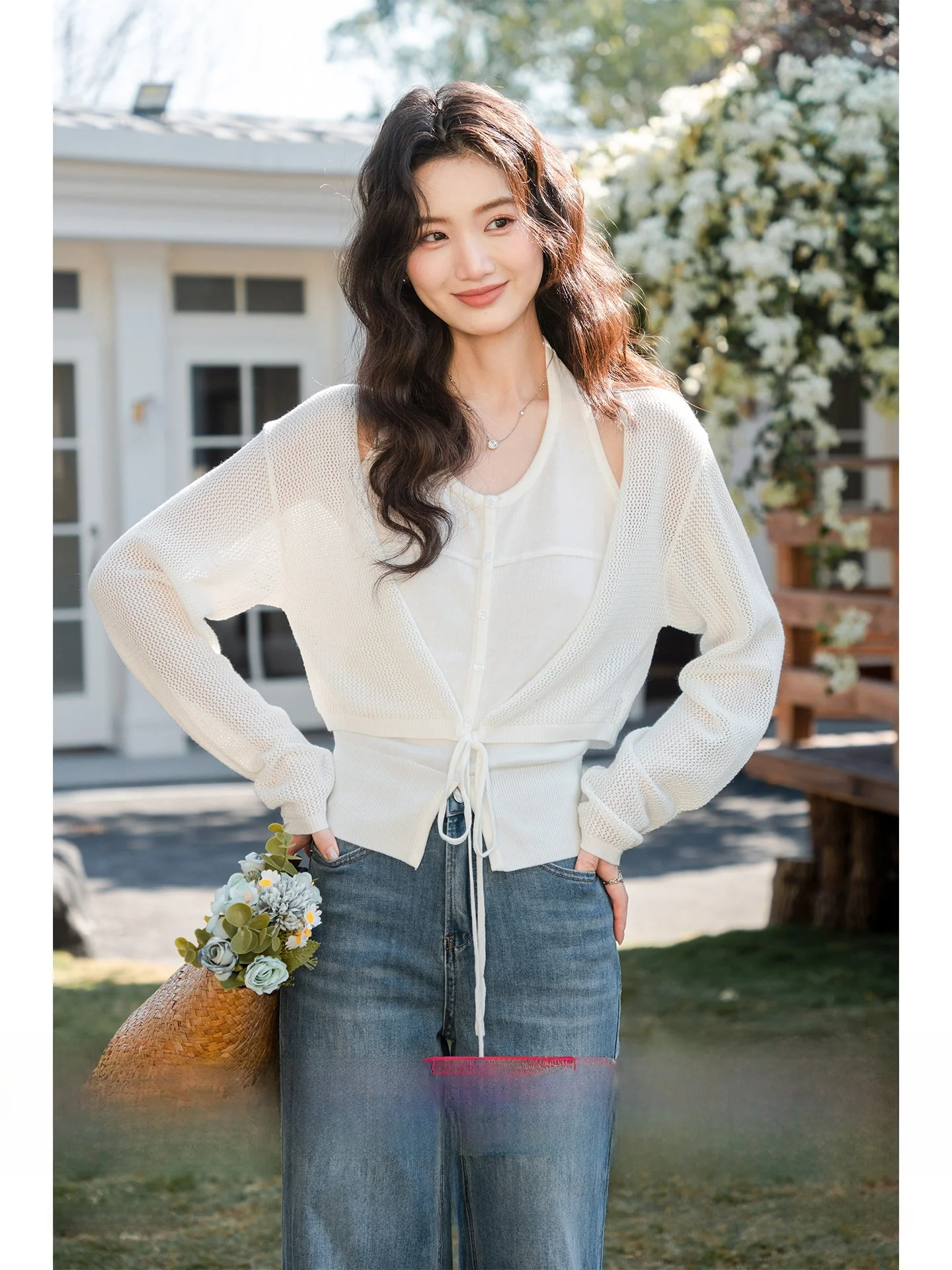 

Spring Summer New Peach Color Knitted Open Cardigan + Hanging Ne Top Women's Faion Polyester Fiber ort Sve Two-Piece...