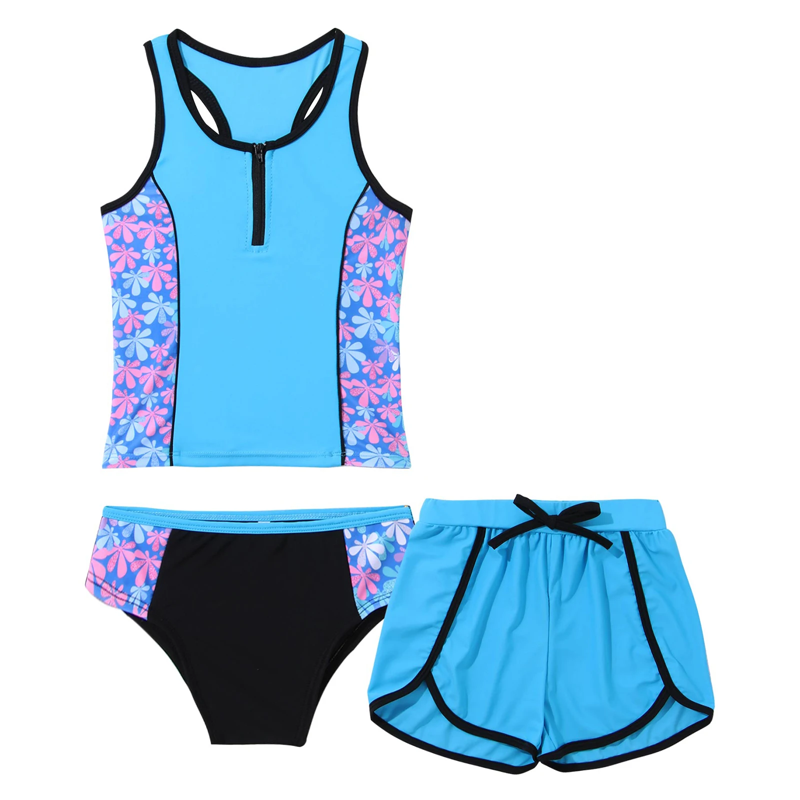 3Pcs Kids Girls Printed Swimming Suit Swimwear Sleeveless Racer Back Tops with Shorts and Briefs Set for Beach Swimming Bathing