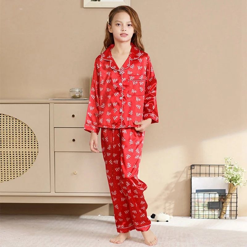 Christmas Pijamas Outfit Silk Casual Parent-child Wear Family Matching Satin Pajamas Set Dad Mom and Me Home Clothes Suit