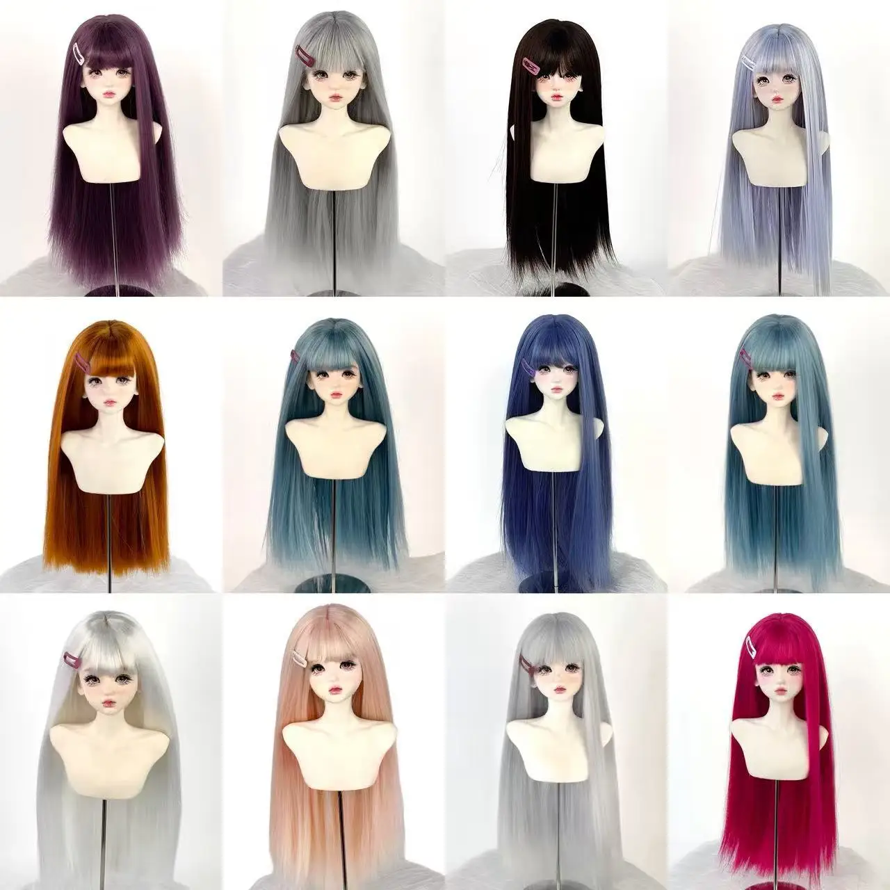 Multi Solid Color Full Bang Long Straight Blank Wig Base for 1/3 1/4 1/6 BJD Doll Wig Heat Resistant Silk Unstyled Hair Weft