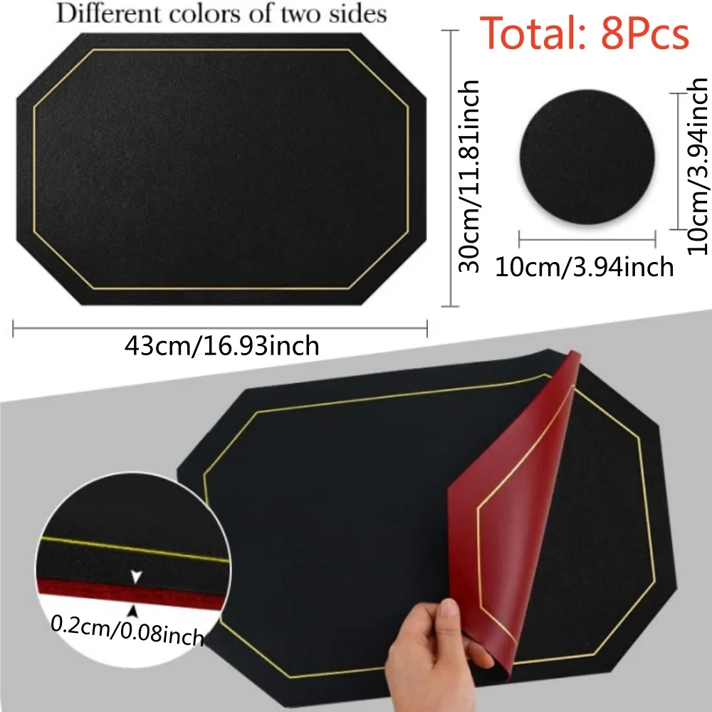 4/8 PCS Placemats and Coaster Sets, Dual Sided Two-Color Place Mats 30x43cm/11.81x16.93inch Leather Heat Resistant Non-Slip