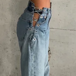 Spring Summer Side Cross Chain Hollow Out Wide-leg Women Jeans High Waist Pants Sexy Elegant Ladies Europe Fashion Jean Women