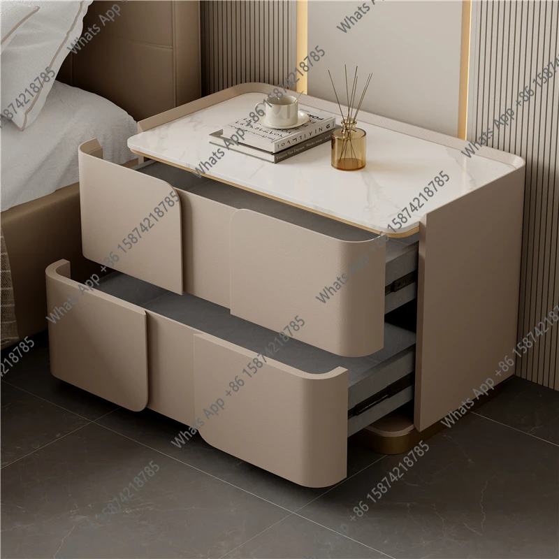 O All Solid Wood Leather Rock Slab Bedside Table, Advanced Modern Simple High-end Designer, Large Apartment 60-70 Wide