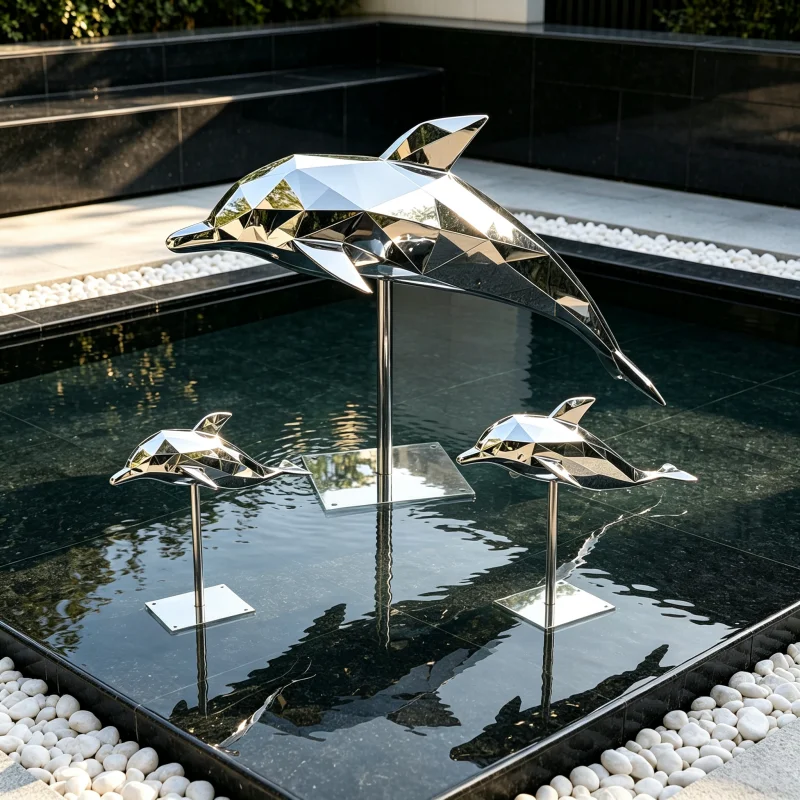 Stainless Steel Geometric Dolphins Decoration, Park Landscape, Lawn, Courtyard, Office, Home, Waterscape
