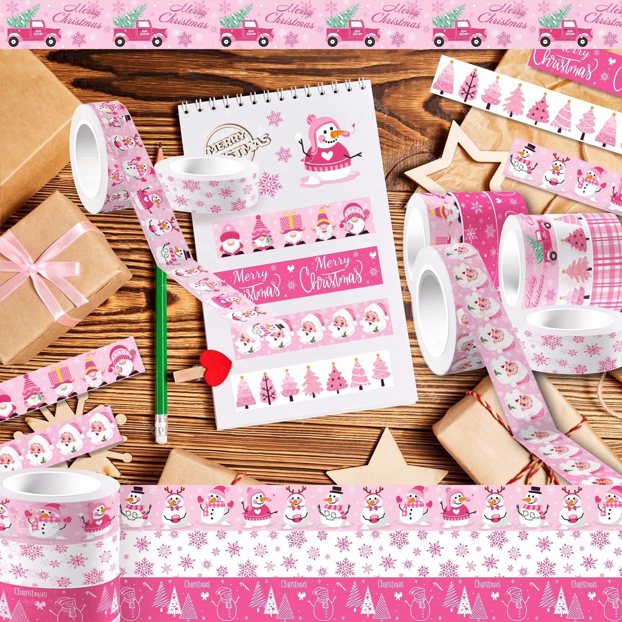 12 Rolls Christmas Pink Snowman Plaid Masking Washi Tape Party Handbook Label Sticker for Scrapbooking Diary Journal