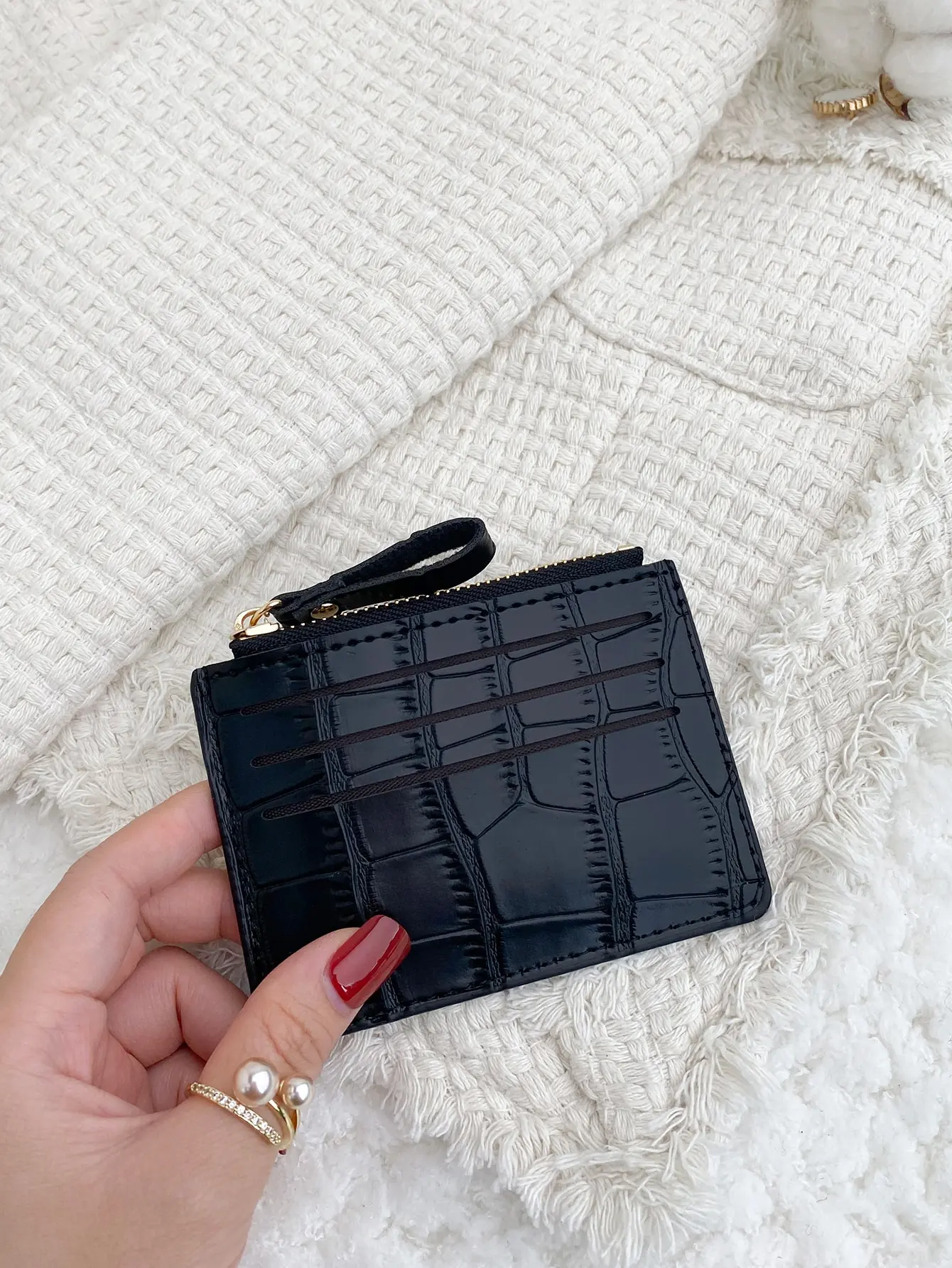 

Stone Pattern Alligator Print PU Portable Zipper Ultra-Thin Minimalist Small 6-Card Pack Multi-Card Purse Fashion Short Wallet S