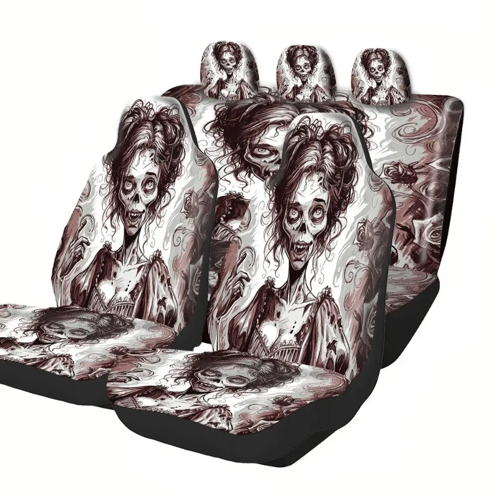 Trendy Print Car Seat Covers Full Set Fit Festive All Occasion Premium Zombie Lady Roses Design Comfortable Breathable Interior