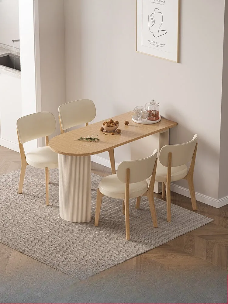 Natural Wood Extendable Dining Table Small Space Rounded Corner Anti Collision E0 Board Solid Wood Top Home Furniture With Chair