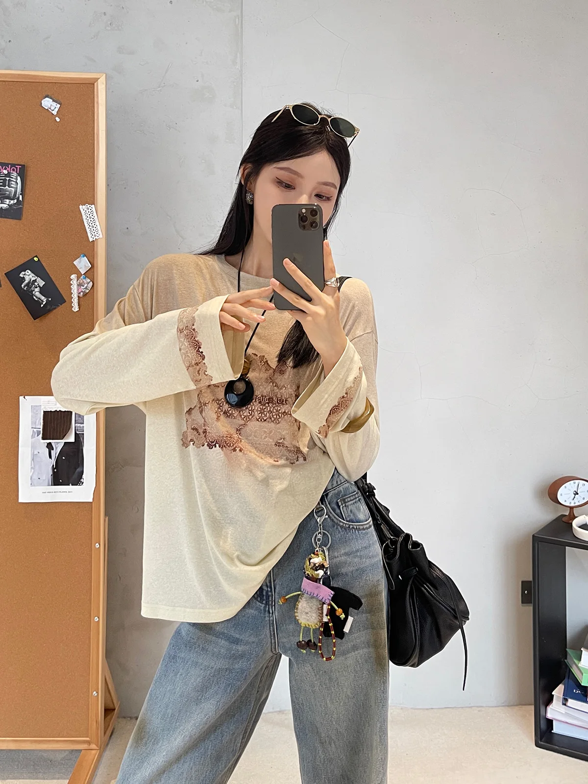 

Брендовая футболка с длинным рукавом и кружевными вставками из меланжевого хлопка, коллекция Ice Dust, осенне-зимняя коллекция, женская модная хлопковая футболка от GoGoBuyer Store