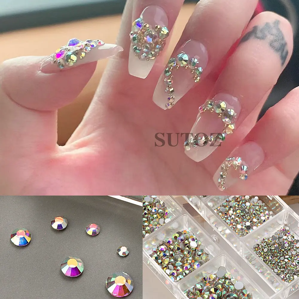 6 Gitter Super Glitter Ab Strass flache Rückseite Diamant unregelmäßigen Kristall Chamäleon Nagel Charms 3d Nägel Kunst Dekoration LEB6G-AB1