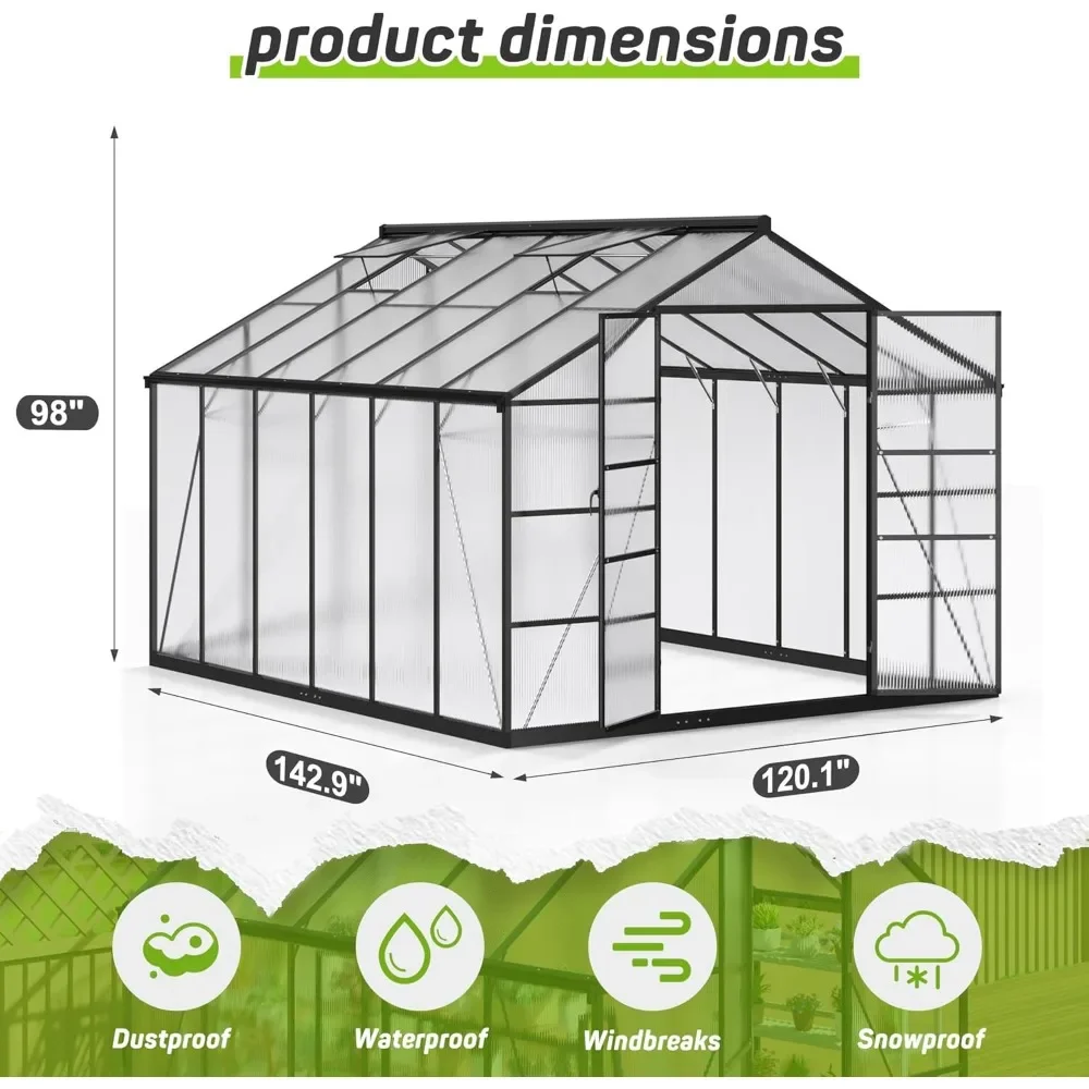 10X12 FT Greenhouse for Outdoors, Polycarbonate Greenhouses with Quick Setup Structure and Roof Vent, Large Walk-in Greenhouse