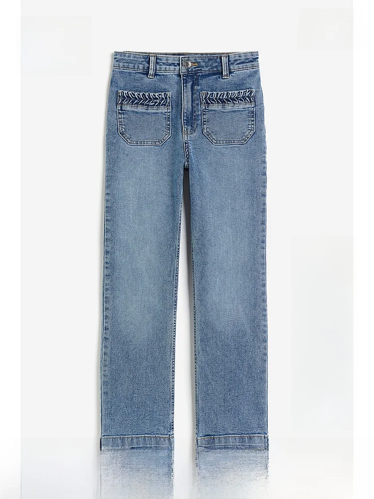 

High Waist Bell Bottom Casual Jeans Women's Fashion Summer Simple Design Nine Points Long Pants H&M Brand Cotton Polyester Blend