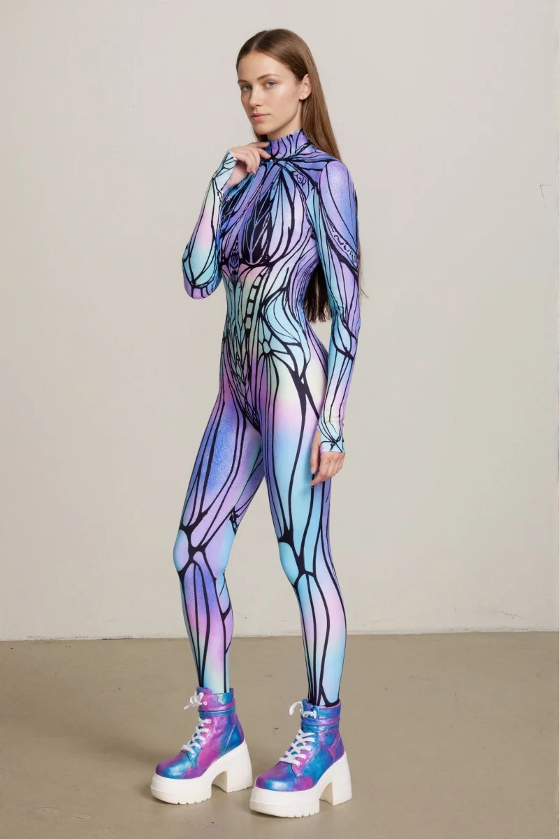Neuer bunter Schmetterlings-Print-Cosplay-Bodysuit für Damen, Erwachsenen-Halloween-Karnevalsparty-Märchenkostüm, Bühnenkostüm, Zentai-Anzug – Detail 13