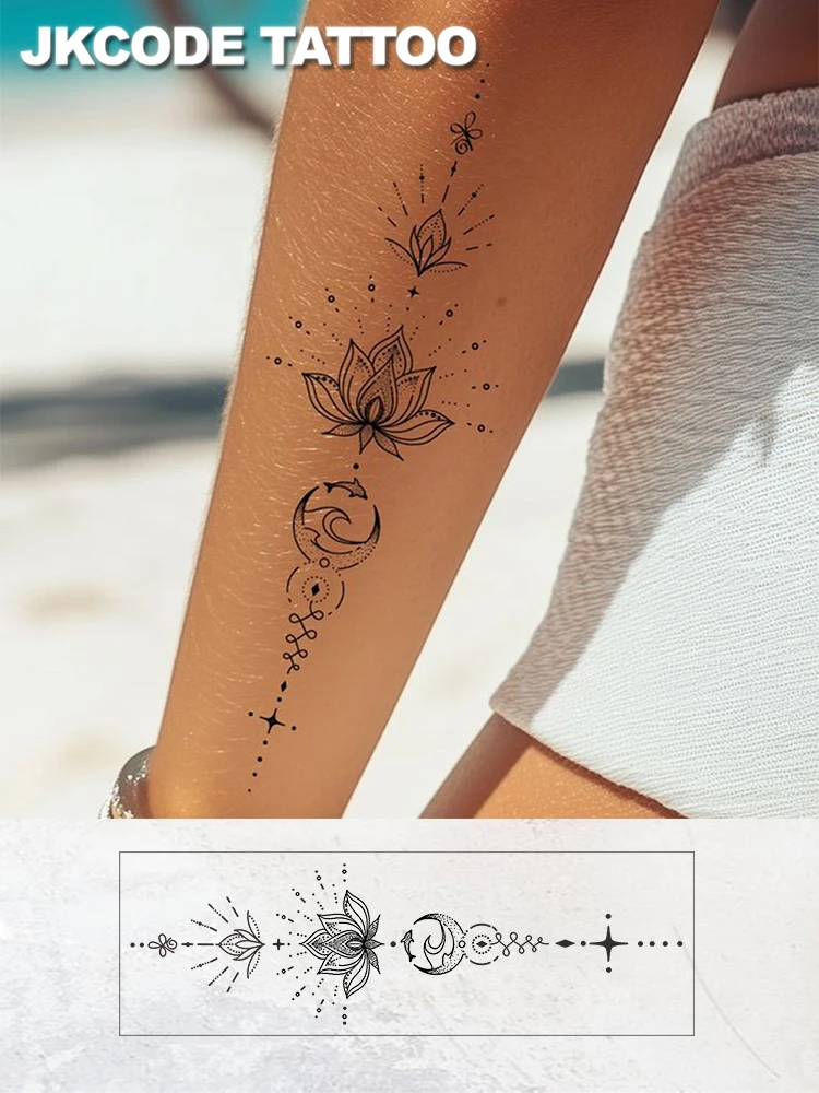 Tatouages semi-permanents du Ramadan de conception imperméable, accessoires de mode Eid Design simple - Barak Crescent Lotus Totem Eid tatouages temporaires, autocollants de tatouage pour femmes à