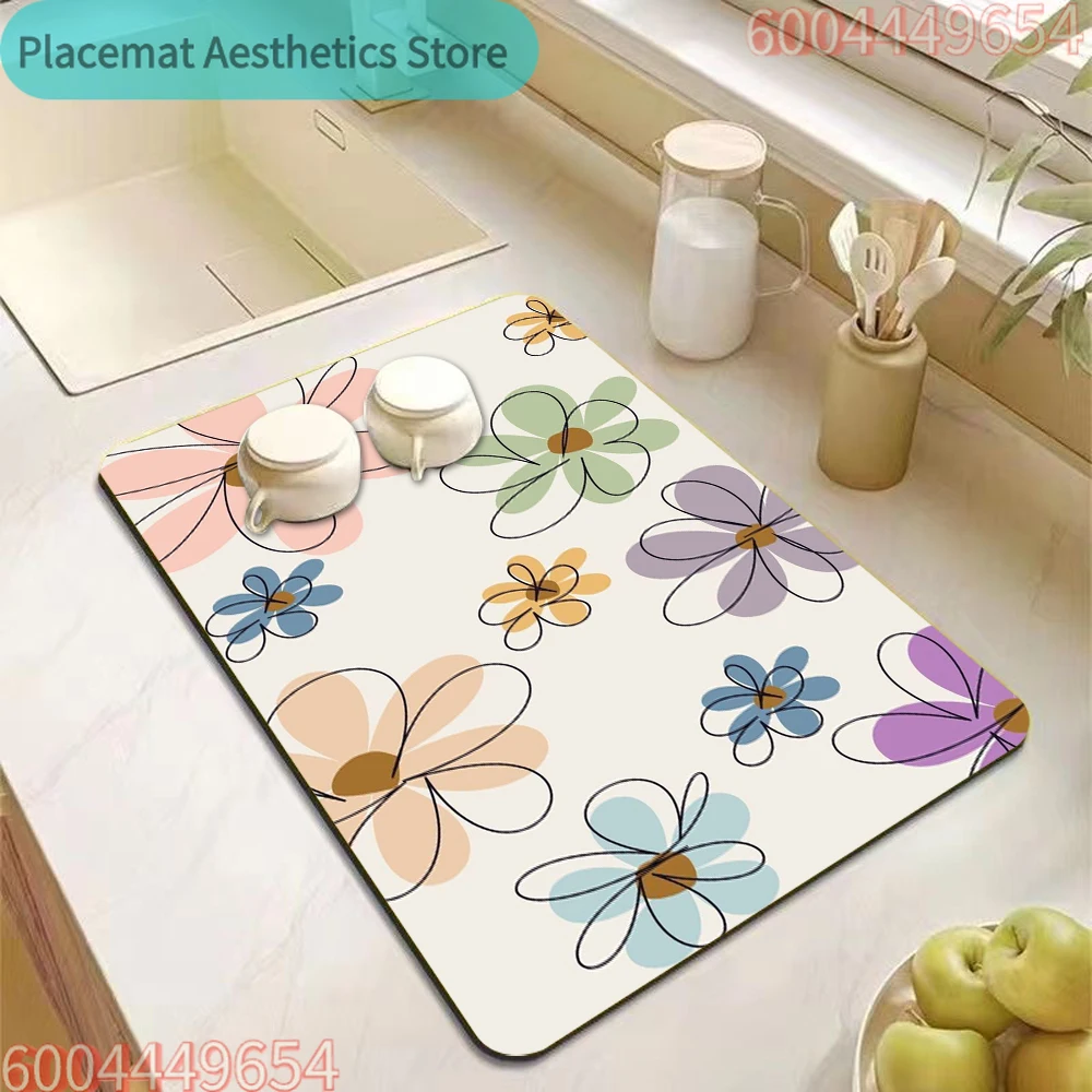 Drying Mat Modern Simple Floral Tableware Drying Carpet Kitchen Dish Bar Draining Mat Water Cup Dining Table No-Wash