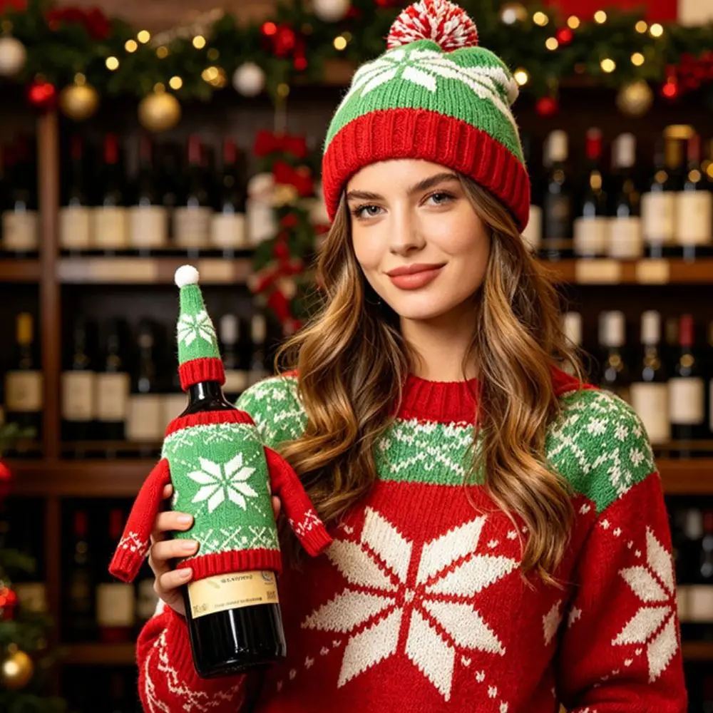 Elk Wine Bottle Cover Snowflake with Mini Santa Hat Christmas Knitted Bottle Cover Santa Claus Reindeer Beer Bottle Cover