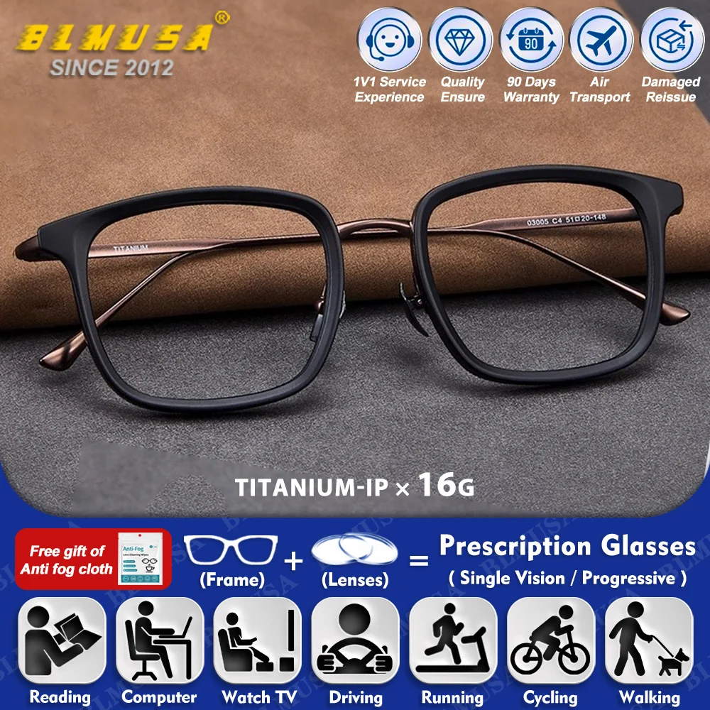 

BLMUSA (M) Business Pure Titanium Myopia Prescription Glasses For Men Square Anti Blue Light Progressive Photochromic Eyeglasses
