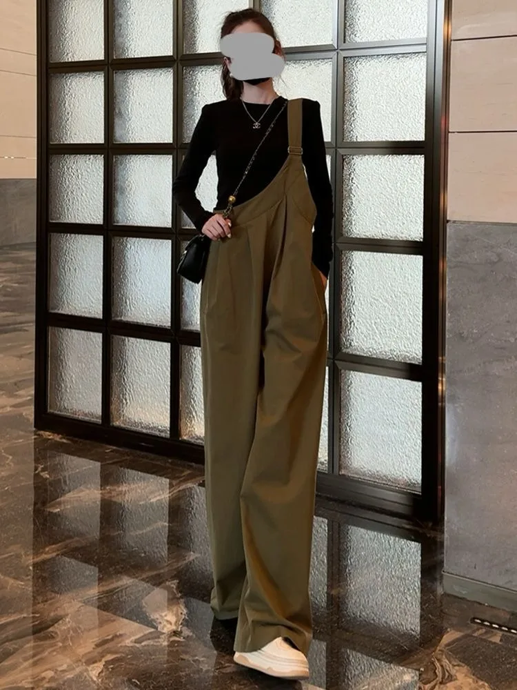 

Комплект брюк на бретелях для женщин весной и осенью, свободная футболка с длинными рукавами, широкие брюки, комплект из 2 предметов