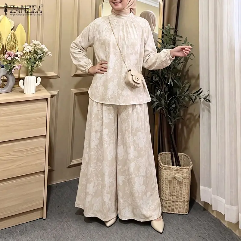 Fashion ZANZEA Women Pants Sets Long Sleeve Tops Wide Leg Pants Muslim Sets 2PCS Floral Print Sets OL Work Party Streetwear
