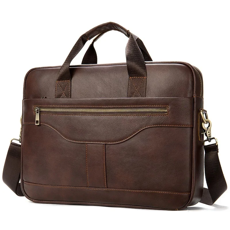 New Business Men Handbag Vintage Genuine Briefcase Male Office Laptop Cow Leather Shoulder Bag