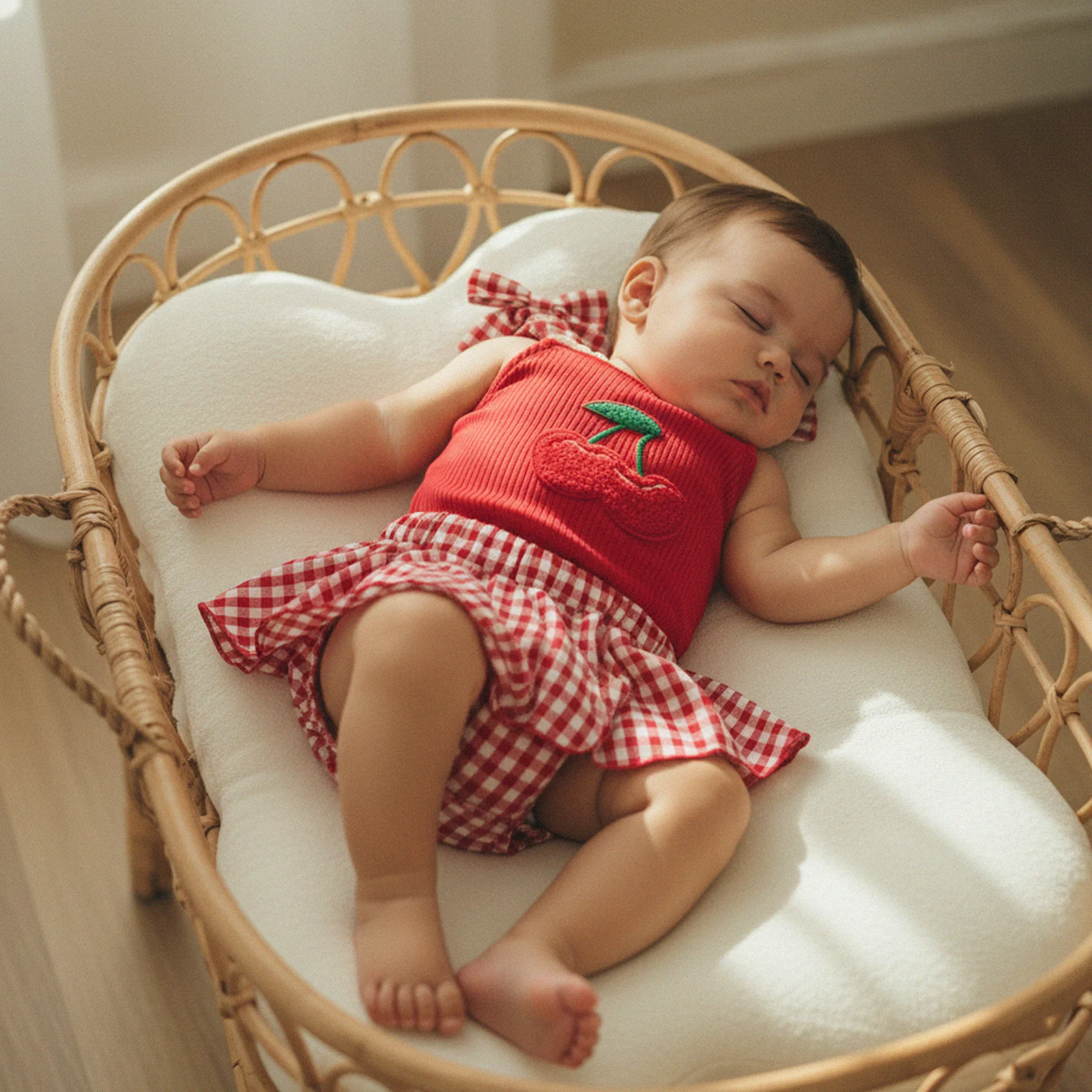 Baby Girl Summer Outfits Plaid Cherry Patch Embroidery Tie Shoulder Sleeveless Romper  A Line Skirt 2 Pcs Set