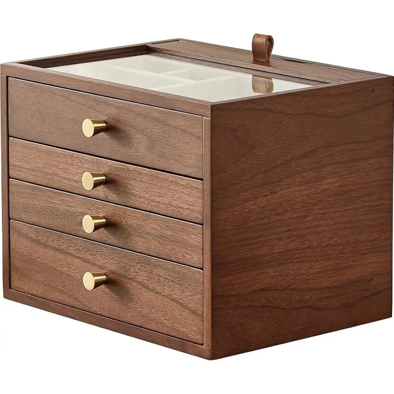 Black Walnut Wooden Jewelry Box for Women 4-Layer with Glass Lid and Pull-out Necklace Storage Layer Watch Necklace Ring