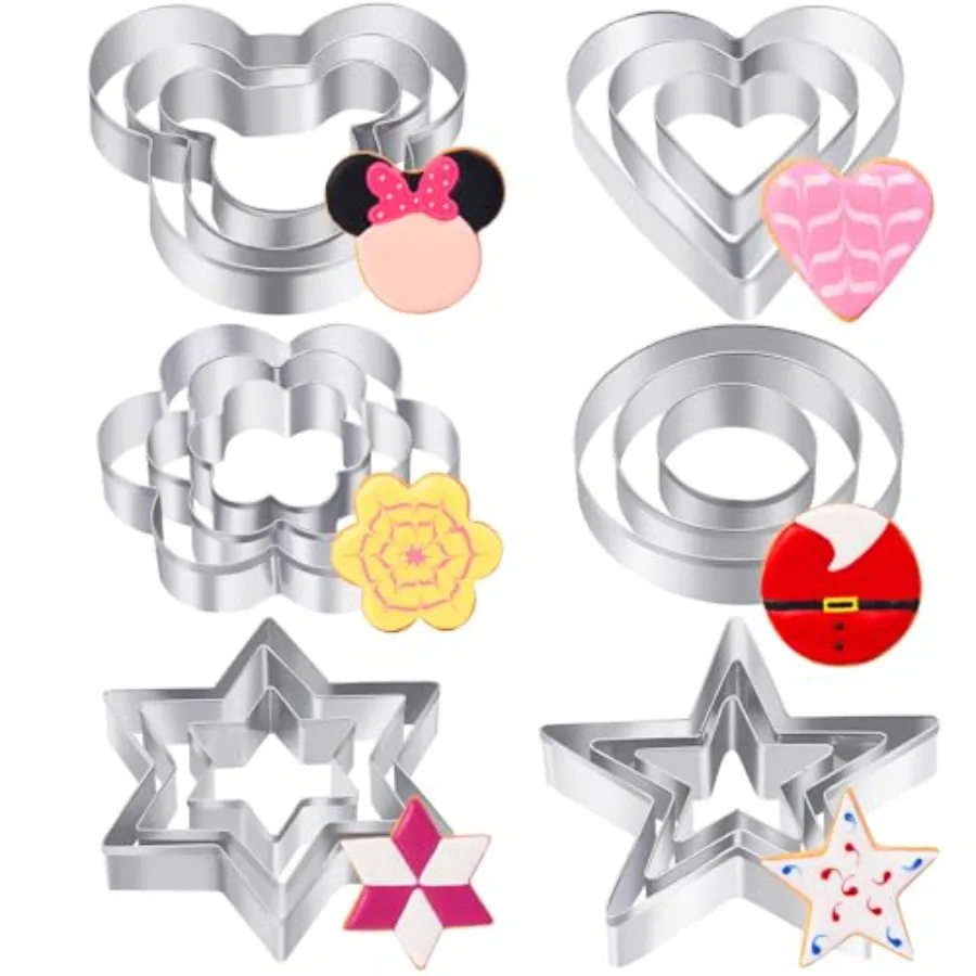 

Набор металлических формочек для печенья, 18 шт., 6 различных форм, включая круглое сердце, звезда, мышь, гексаграмма, цветок, прочная банка из нержавеющей стали