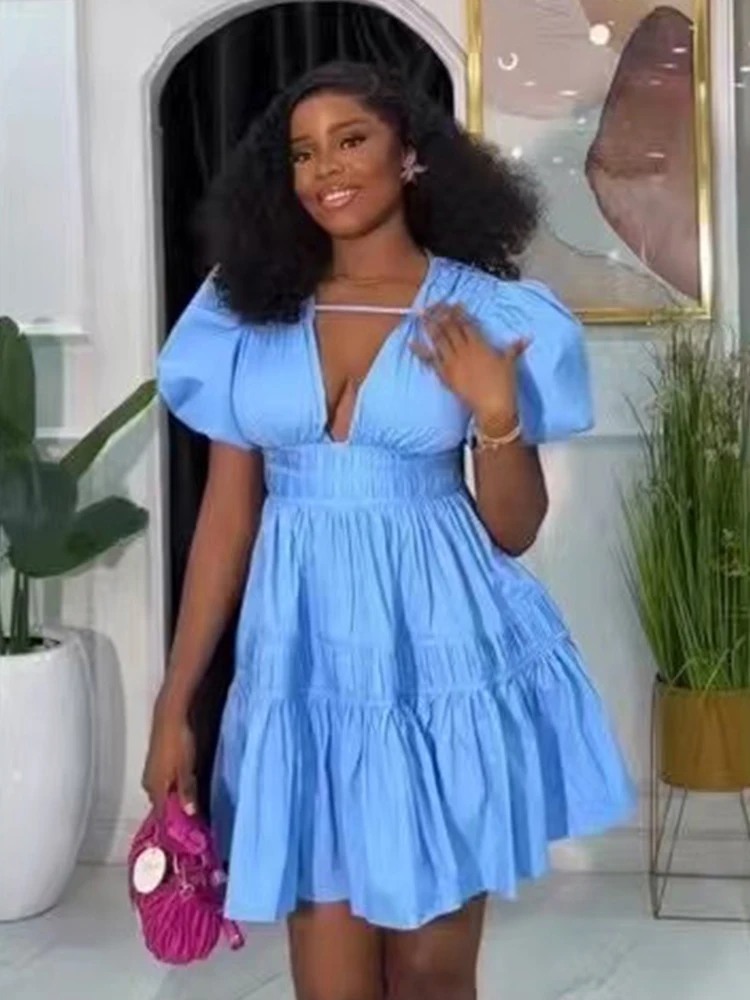 

Designers sexy deep V-neck drop pleated waist dress 2025 summer women's short skirt high waist pull pleated a word puffy skirt
