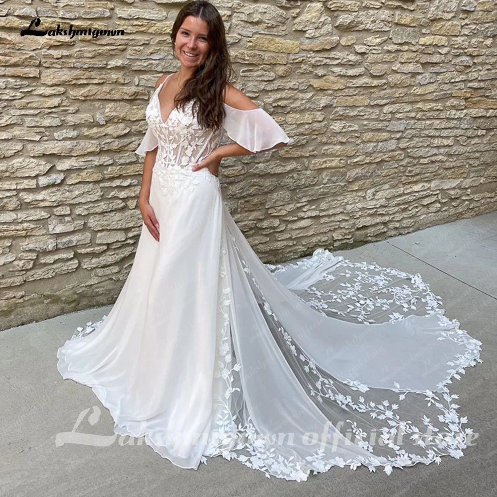 Lakshmigown Spitzen-Chiffon-Brautkleid mit offenem Rücken und V-Ausschnitt für die Braut, maßgeschneidertes Damen-Brautkleid mit Hofschleppe, vestidos de novia par – Detail 9