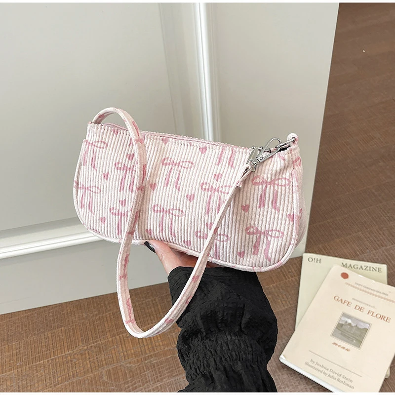 Korean Style Bowknot Heart Shape Corduroy Crossbody Bag Women Fashion Trendy Solid Color Single Shoulder Bag Beach Vacation Bag