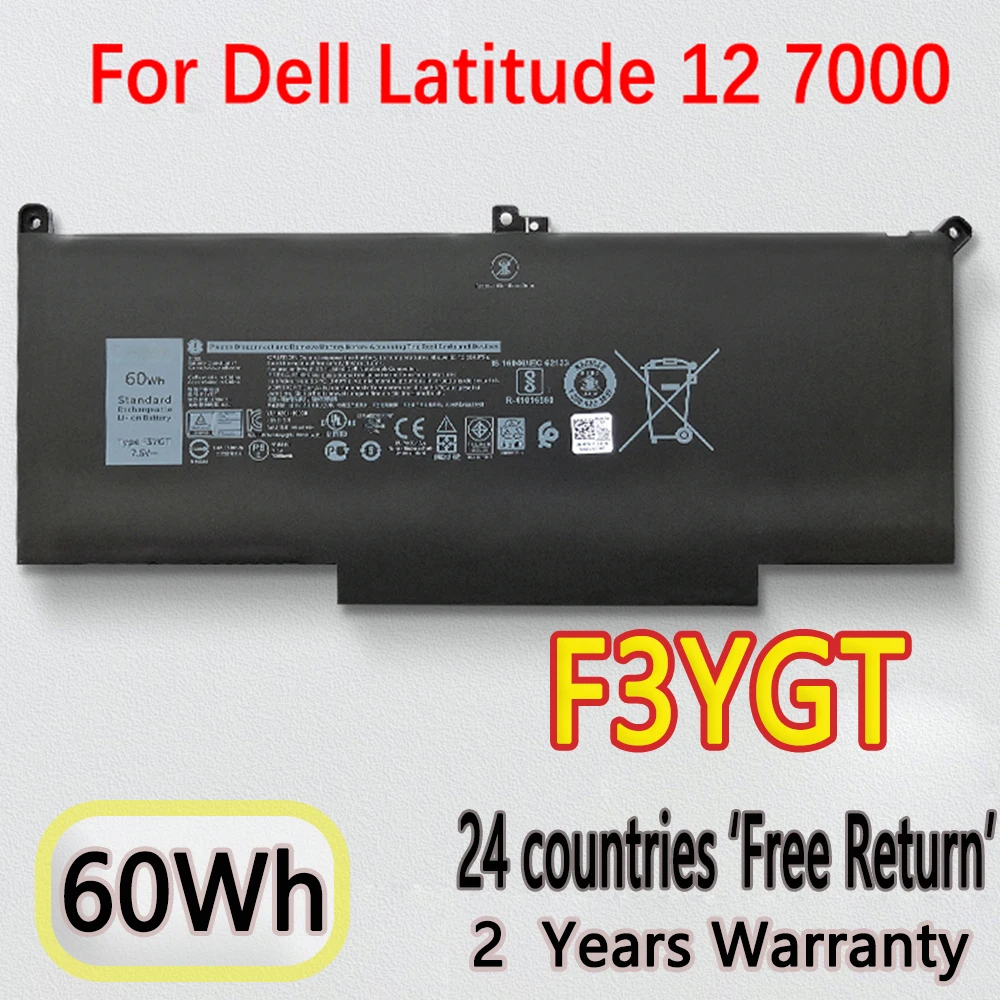 NEW 7.6V 60Wh F3YGT Battery For DELL Latitude 12 7000 7280 7290 13 7380 7390 14 7480 7490 P28S P28S001 P73G P73G002 Laptop 2X39G