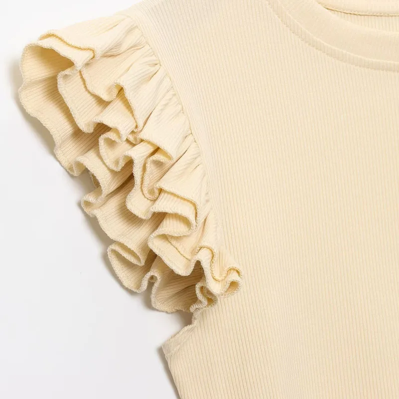 Blusa feminina 2025 espartilho feminino babados de manga curta topo feminino malha o pescoço estilo rua blusa feminina verão colheita bonito topos