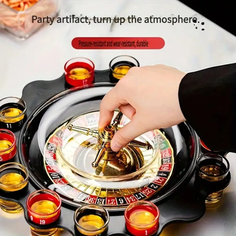 Russian Roulette Drinking Wheel Set with mini Shot Glasses, universal Party Prop for Bars, KTVs and Nightclubs. Great Gift for Gatherings, Christmas and New Year, Ideal Interactive Game for Holiday Parties and Family & Friends Get-Togethers.