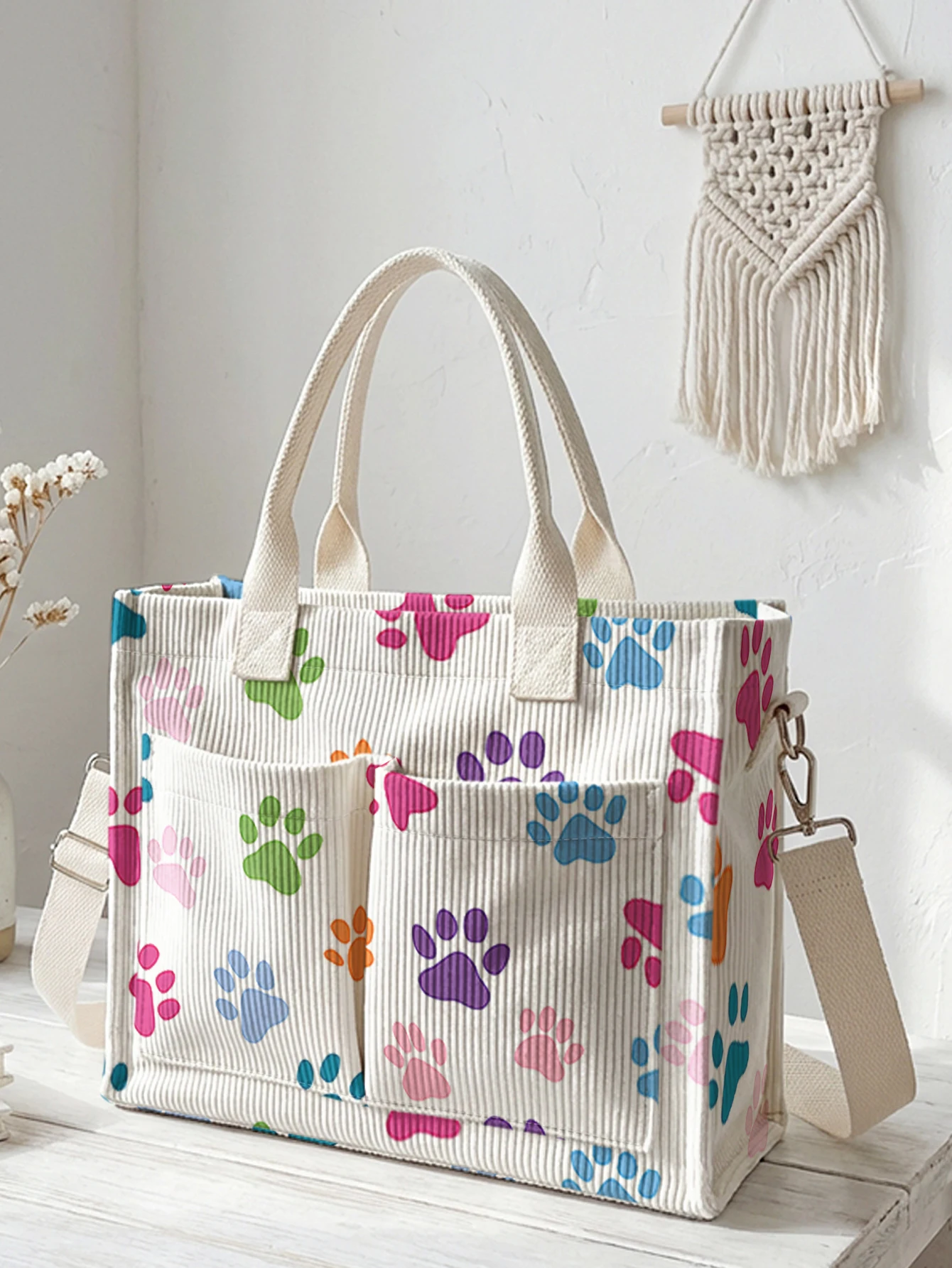 

Colorful Paw Print Corduroy Tote Bag Large Capacity Multi Pocket Pet Lover Commuter Shoulder Bag