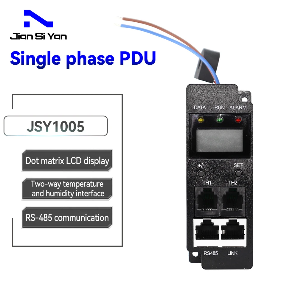 JSY1005 AC Single-phase PDU Meter Header LCD display RS485 RJ45 2-way Temperature Humidity 63A 1U RJ11