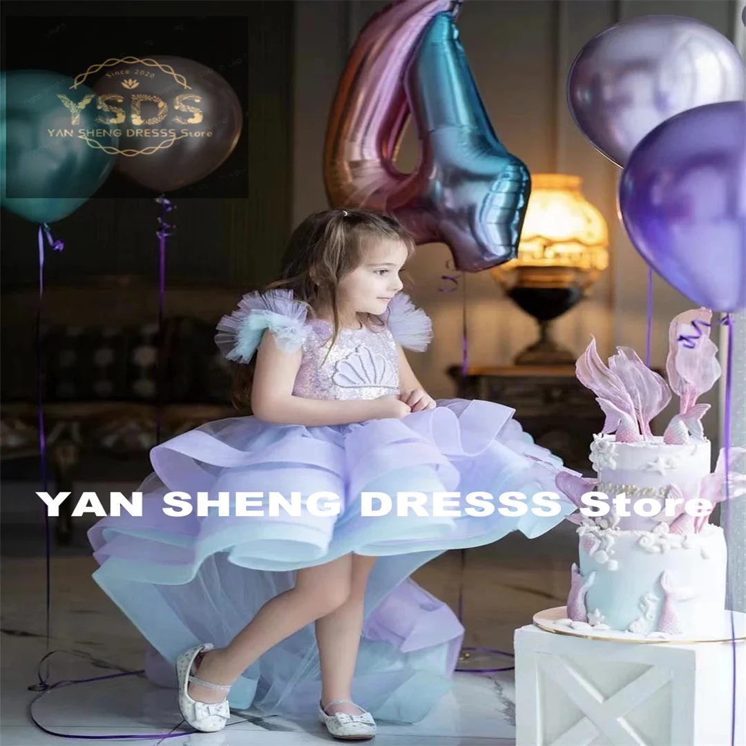 

Customized Mermaid Layered Flower Girl Dress For Wedding Pearls Sequins Ruffles Kids Birthday Party First Communion Gowns