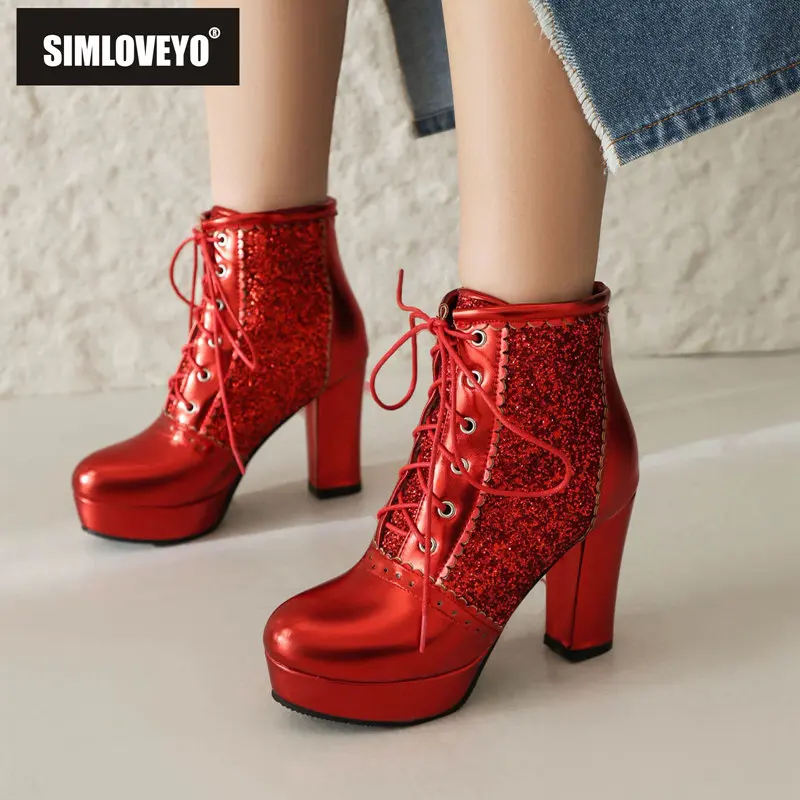 SIMLOVEYO Fashion Women Ankle Boots Round Toe Block High Heels 9cm Platform 2cm Glitter 46 47 48 Party Booties