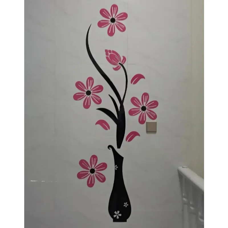 Luxo Vaso Acrílico 3D Adesivos De Parede, DIY Cartoon Flower Background, Sala de estar Decoração Da Parede, Espelho Superfície Planta Adesivo