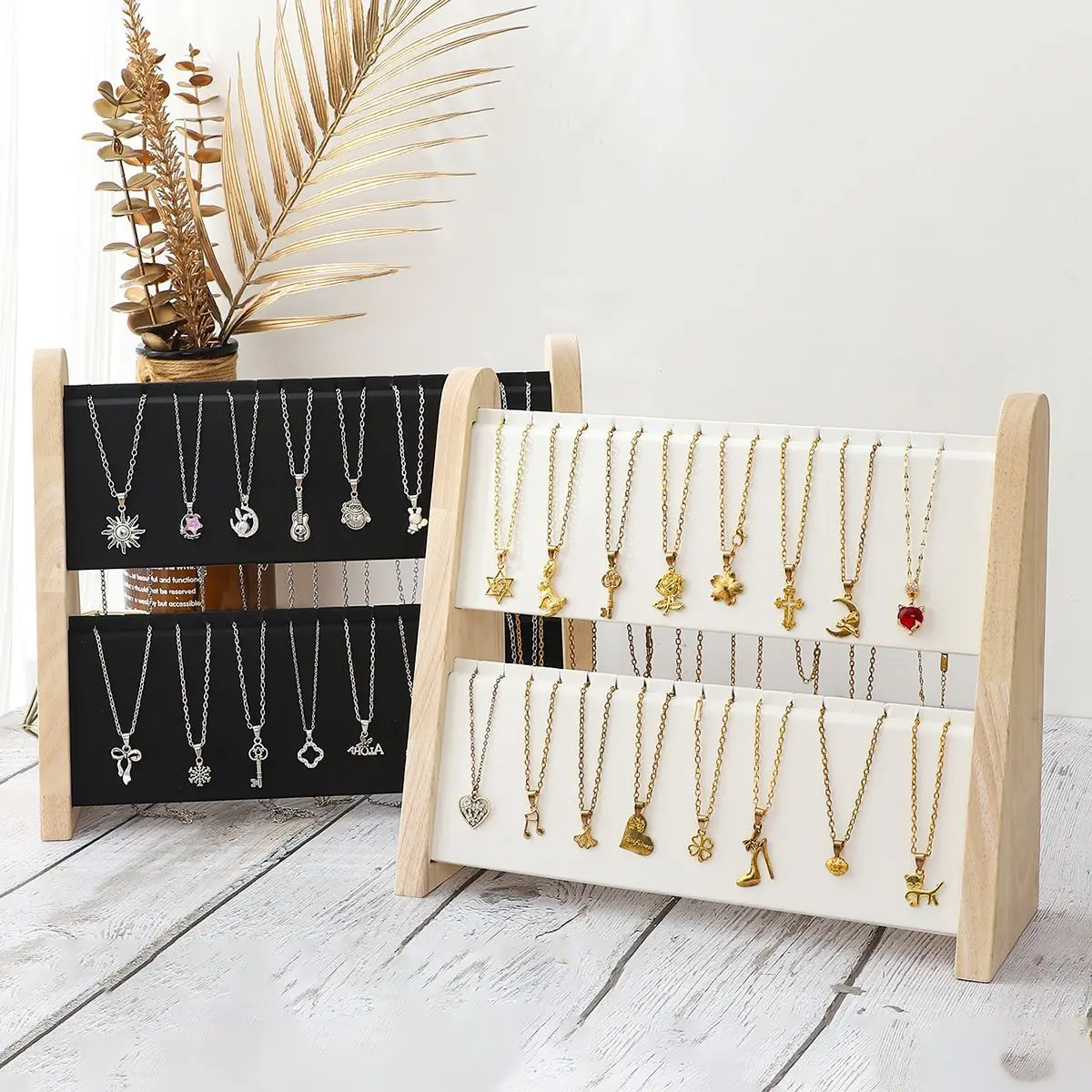 2 Layers Wood Slope Shape Jewelry Display Necklace Pendant Organizer Stand Holder Rack Showcase Tray