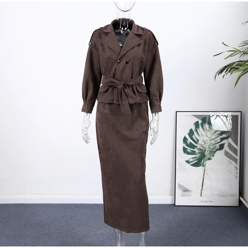 Frauen Braun Wildleder Abgeschnitten Trenchcoat Jacke Gürtel Kerb Revers Spitze-up Retro Chic Oberbekleidung Herbst Winter High – Detail 4