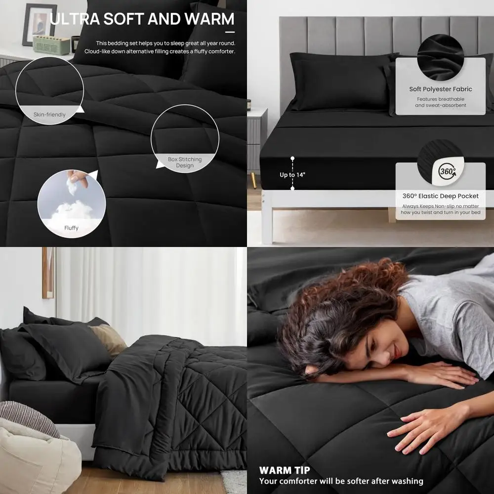

7-Piece Black All-Season Bedding Set: Comforter, Flat Sheet, Fitted Sheet, 2 Pillowcases, 2 Shams